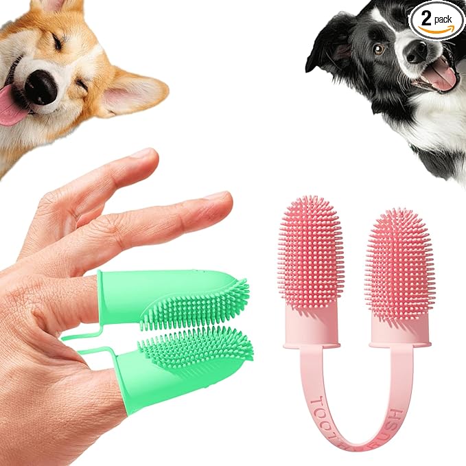 Dog Toothbrush, Dogs Tooth Brushing Kit, Cat Tooth Brush for Small to Large Dogs & Puppies, 2Pack Double Finger Toothbrush for Dog Teeth 360 Cleaning & Dental Care-PurrikoPets