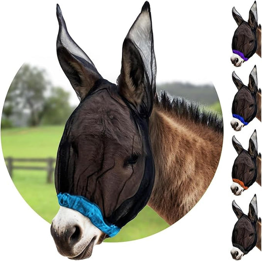 Donkey Fly Mask with Long Ears (Aqua) Made in USA - Mule Fly Mask with Ears Protection from Insects and Bugs, Mini Donkey Soft Mesh Fabric with Adjustable Fastener, Face Cover Supplies for Donkeys-PurrikoPets