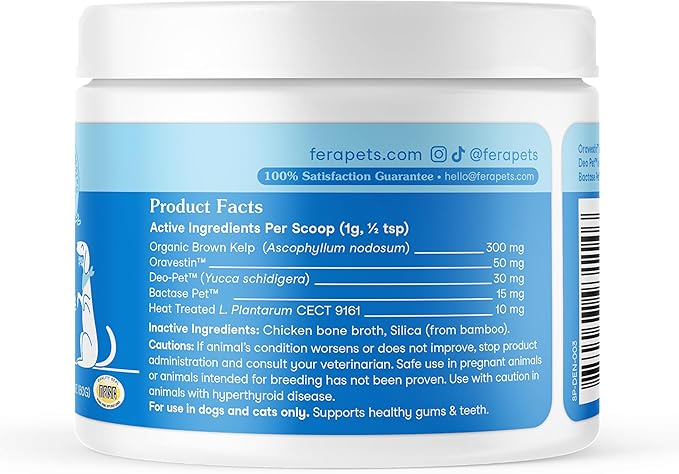 Fera Pets Cat & Dog Dental Support Powder - Supports Fresh Breath - Promotes Healthy Teeth and Gums - Targets Tartar Build-Up - Includes Kelp, Enzymes & Postbiotics - 60 Scoops-PurrikoPets
