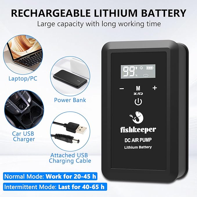 fishkeeper Rechargeable Aquarium Air Pump, 8W 130GPH Ultra Quiet Fish Tank Air Pump for 10-120 Gallon Tanks Adjustable Oxygen Aerator Pump for Outdoor-Fishing, Power Outages and Emergency-PurrikoPets