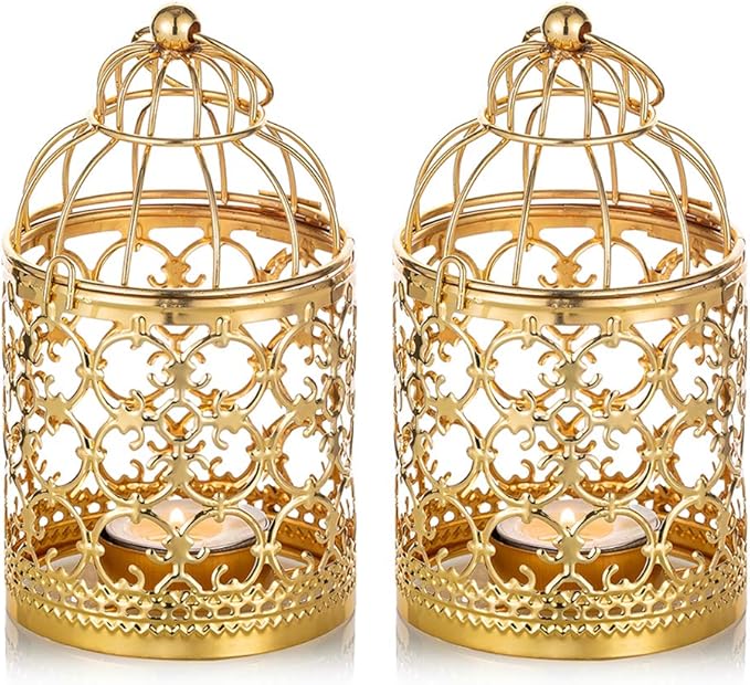 2 Pcs Small Metal Tealight Hanging Birdcage Lantern, Vintage Decorative Centerpieces of Wedding, Party, Gold-PurrikoPets