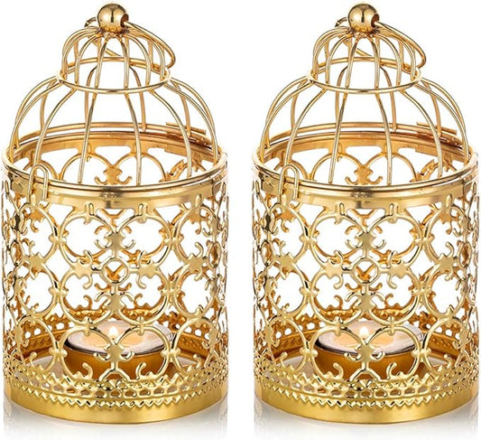 2 Pcs Small Metal Tealight Hanging Birdcage Lantern, Vintage Decorative Centerpieces of Wedding, Party, Gold-PurrikoPets