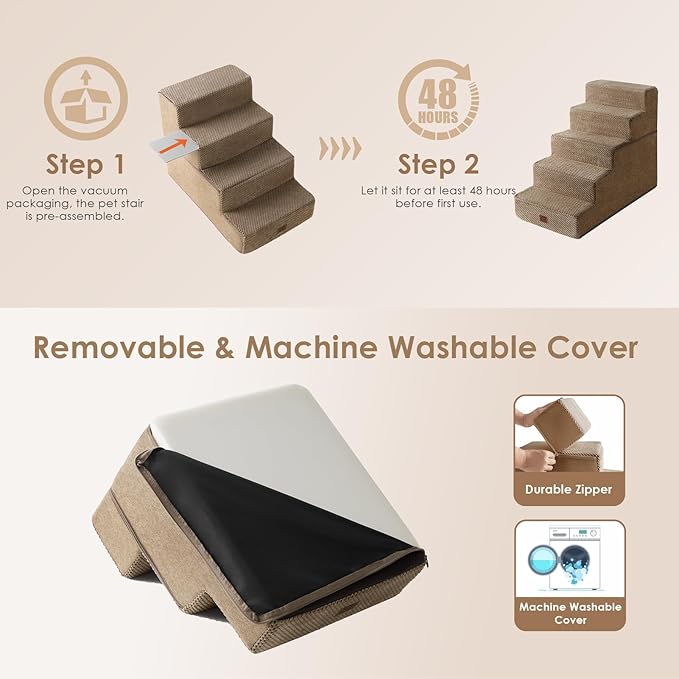 EHEYCIGA Dog Stairs for High Bed 22.5" H, 5-Step Dog Steps for Bed, Pet Steps for Small Dogs and Cats, Non-Slip Balanced Pet Ramp Indoor, Camel-PurrikoPets