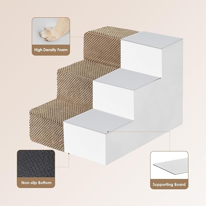 EHEYCIGA Dog Stairs for Small Dogs 13.5" H, 3-Step Dog Steps for Couch Sofa and Chair, Pet Steps for Medium Cats, Non-Slip Balanced Pet Ramp Indoor, Camel-PurrikoPets