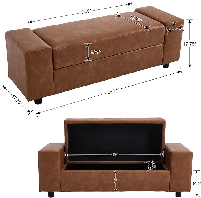 55" End of Bed Storage Bench Ottoman for Bedroom, Faux Leather Upholstered Entryway Bench Long Window Seating for Corner/Living Room/Recption Room/Office/Shop, Brown-PurrikoPets