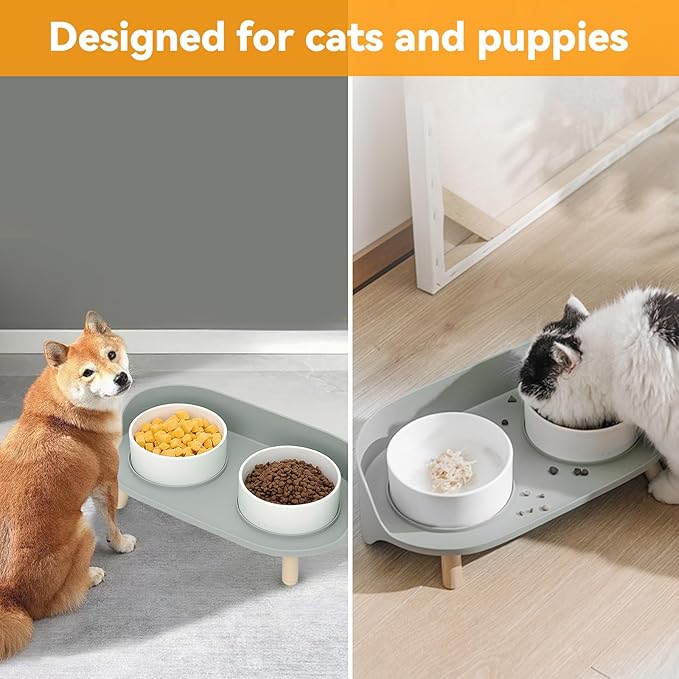 Elevated Dog Bowls Set, Ceramic Pet Food & Water Bowls with Non-Slip Stand, No Spill Design for Cats/Small Medium Dogs Gray-PurrikoPets