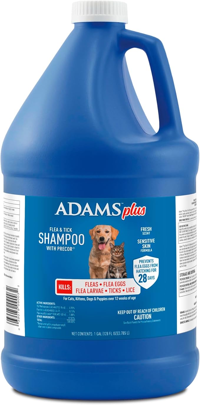 ADAMS Plus Flea & Tick Shampoo with Precor IGR for Cats, Kittens, Dogs & Puppies Over 12 Weeks Of Age, Sensitive Skin Flea Treatment, Kills Adult Fleas, Flea Eggs, Ticks, and Lice, 1 Gallon-PurrikoPets