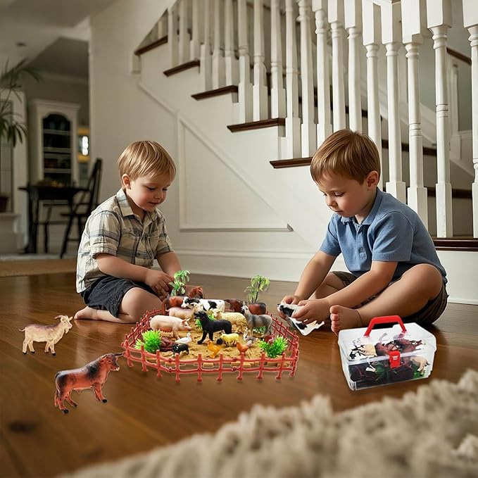 Farm Animal Figurines, Realistic Plastic Animals Toys with Fences Building Blocks, Farm Figures Playset Educational Birthday Gift for Kids & Toddlers, 53 PCS-PurrikoPets