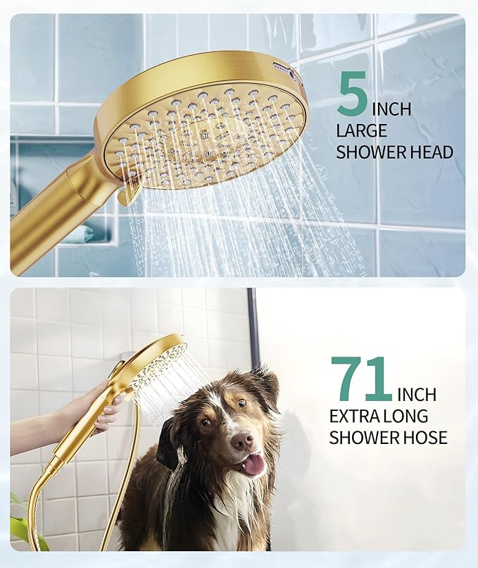 Filtered Shower Head with Handheld, High Pressure 9 Spray Mode Brushed Gold Showerhead with 4 Filters, Detachable Shower Head, Water Softener Filters Beads for Hard Water - Remove Chlorine-PurrikoPets