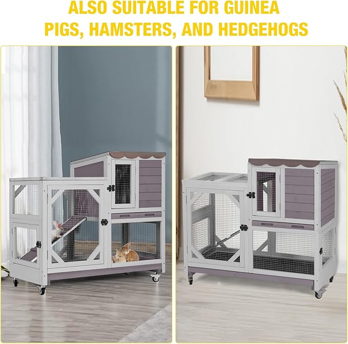 AIVITUVIN 2-Story Rabbit Hutch Indoor for 2-4 Rabbits & Guinea Pigs Wooden Small Animal Cage Guinea with Chew-Proof Design & Slide-Out Trays Bunny Cage with Lockable Wheels-PurrikoPets