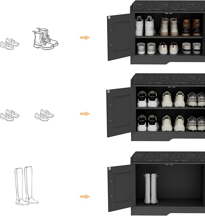 2-Tier Storage Bench, Shoe Bench with Thickened Padded Seat Cushion, Entryway Bench with 4 Doors, Adjustable Shelf, 13.8" D x 45.3" W x 18.5" H, for Entryway, Living Room, Bedroom, Black-PurrikoPets