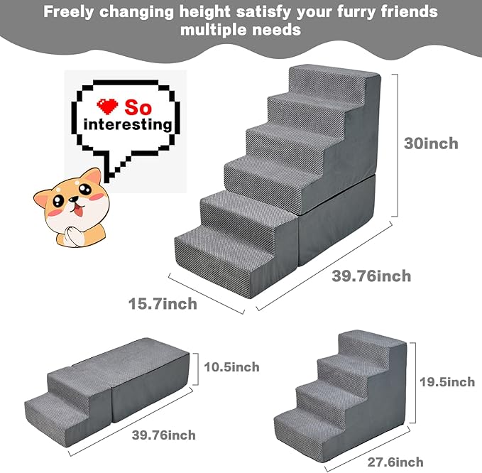 Dog Steps for High Beds 30-32" H - 6-Step Dog Stairs for Small Dogs, 33D Foam Pet Steps for High Bed with Non-Slip Bottom and Washable Cover, Dogs Ramp for Bed Indoor, Grey-PurrikoPets