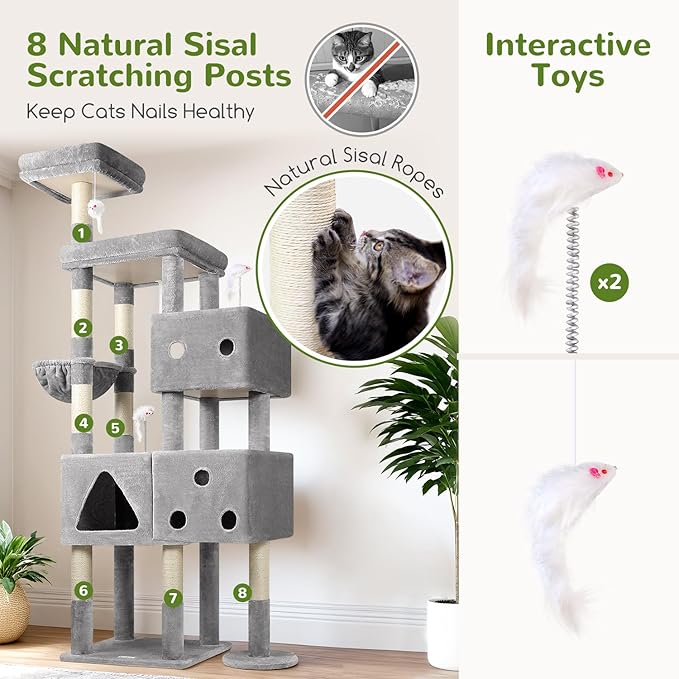 Globlazer Extra Large Cat Tower, 81-inch Tall Cat Tree for Big Cats 20 lbs, XXL Heavy Duty Cat Scratching Tower for Indoor Adult Cats with 3 Cat Condos, 8 Scratching Posts, F81, Light Grey-PurrikoPets
