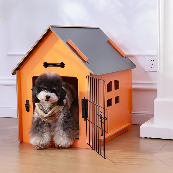Dog House Indoor for Small Dogs or Cats, Cozy Wooden Design, Small Indoor Bed House, with Air Vents and Elevated Floor Warm Dog Cave (Orange)-PurrikoPets
