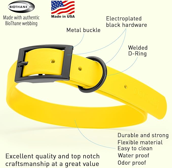 Dogline Biothane Waterproof Dog Collar Strong Coated Nylon Webbing with Black Hardware Odor- Proof for Easy Care Easy to Clean High Performance Fits Small Medium or Large Dogs, Lemon Yellow-PurrikoPets