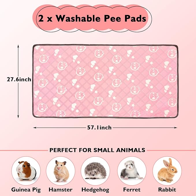 2 Pack Guinea Pig Bedding - Washable Guinea Pig Liners for C&C 2x4 Cage, Waterproof Reusable & Anti Slip Pee Pads Super Absorbent Mats for Small Animals Rabbit Hamster Rat (Pink, 57 x 28 Inch)-PurrikoPets