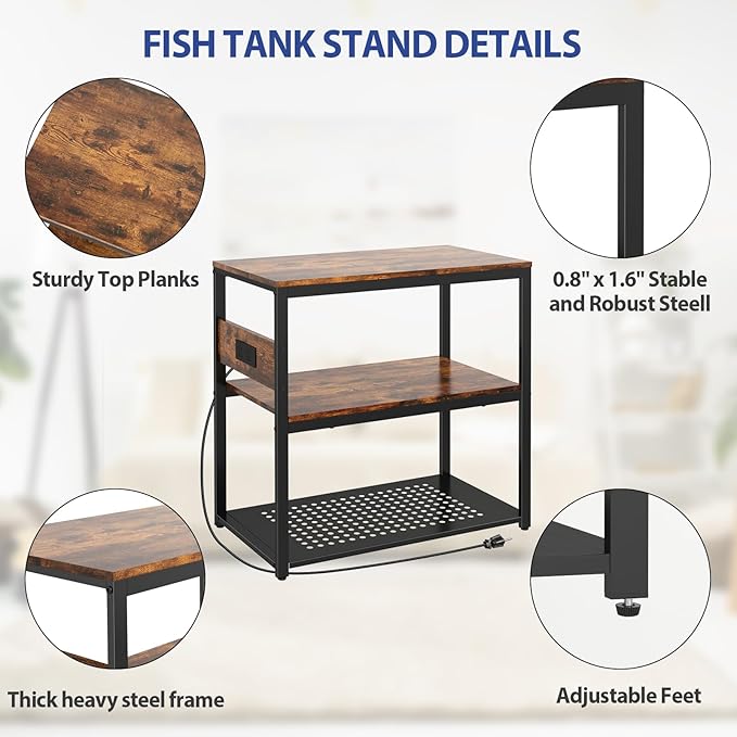 20-29 Gallon Fish Tank Stand With Power Outlets, 3-Tier Metal Aquarium Stands, Breeder Reptile Tank Stand with Shelf for Home Office, 660LBS Capacity, 29.5 x 15.8 x 30.1 inches, Brown-PurrikoPets