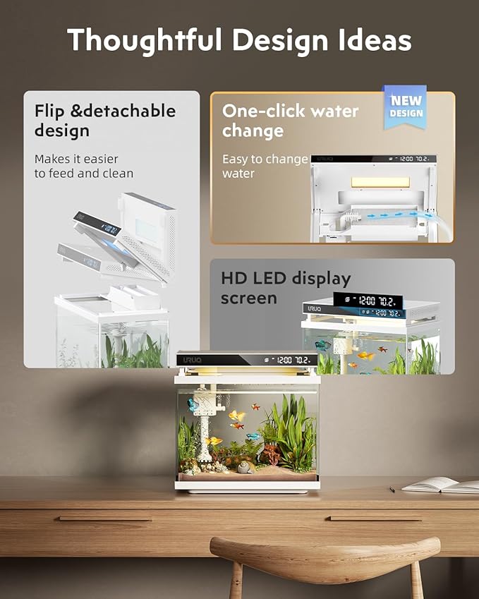 Fish Tank Smart Aquarium Kit: URUQ 2 Gallon Self Cleaning Multi-Layer Filtration System Silent Pump - UHD Glass 7-Color Lighting Temperature Monitoring - Fragrance Diffuser Humidifier White-PurrikoPets