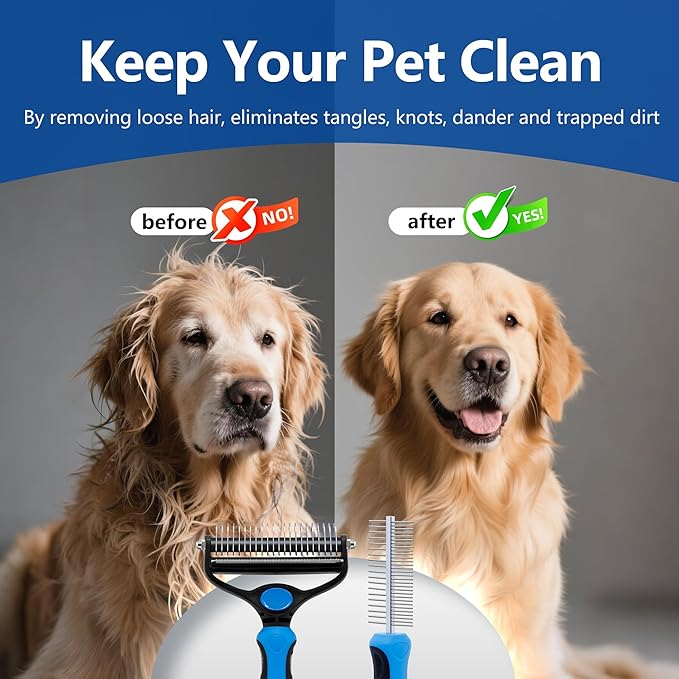 2-in-1 Shedding Brush and Detangling Comb Combo,Stripping Brush for Medium and Large Dogs, Dog and Cat Grooming Comb, 22 Stainless Steel Teeth Remove Tangled Hair, Pet Grooming Tools-large-PurrikoPets