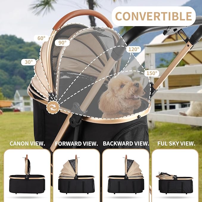 3 in 1 Pet Stroller with 4 Wheels, Foldable Pet Travel Carrier for Small/Medium Dogs Cats up to 50lbs, Detachble Portable Pet Bag, Storage Basket-PurrikoPets