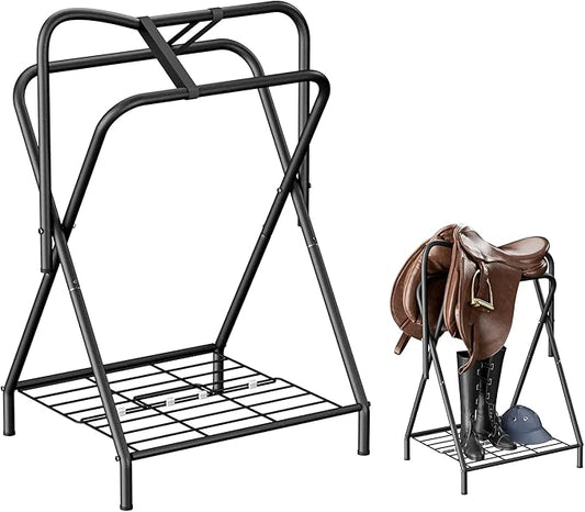 Dunatou Saddle Rack Freestanding Saddle Stand Foldable Horse Saddle Storage Rack Full Size Saddle Pad Rack Horse Blanket Holder Heavy Duty Saddle Holder for English and Western Horse Saddles, Black-PurrikoPets