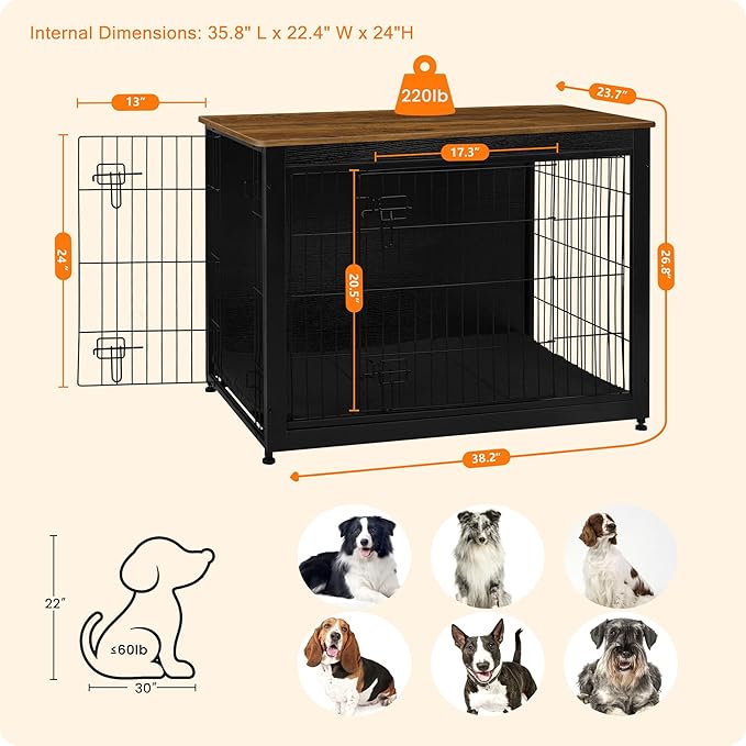 DWANTON Dog Crate Furniture with Cushion, Wooden Kennel Table with Double Doors, Indoor Dog House, Large Size, 38.5" L, Black+Warm Brown-PurrikoPets