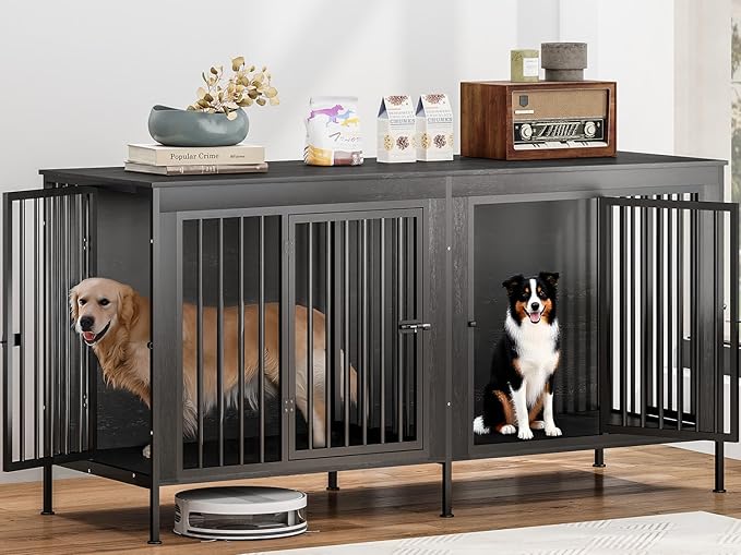78 Inch Dog Cage Furniture for 2 Large/Medium Dogs with Removable Divider, Extra Large Double Doors Dog Kennel, XXL Thick Wooden Dog cage Furniture, Durable and Sturdy, Dark Grey-PurrikoPets