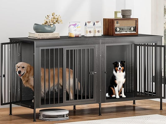 78 Inch Dog Cage Furniture for 2 Large/Medium Dogs with Removable Divider, Extra Large Double Doors Dog Kennel, XXL Thick Wooden Dog cage Furniture, Durable and Sturdy, Dark Grey-PurrikoPets