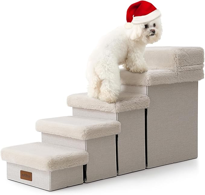 Dog Stair for Small Dogs with Storage, 21" H Foldable Pet Step with Soft Cover, Older Cat Ramp for High Bed or Car, Lightweight, Comfort, 39.7x13x21.2 inch, 5 Tiers, Beige-PurrikoPets