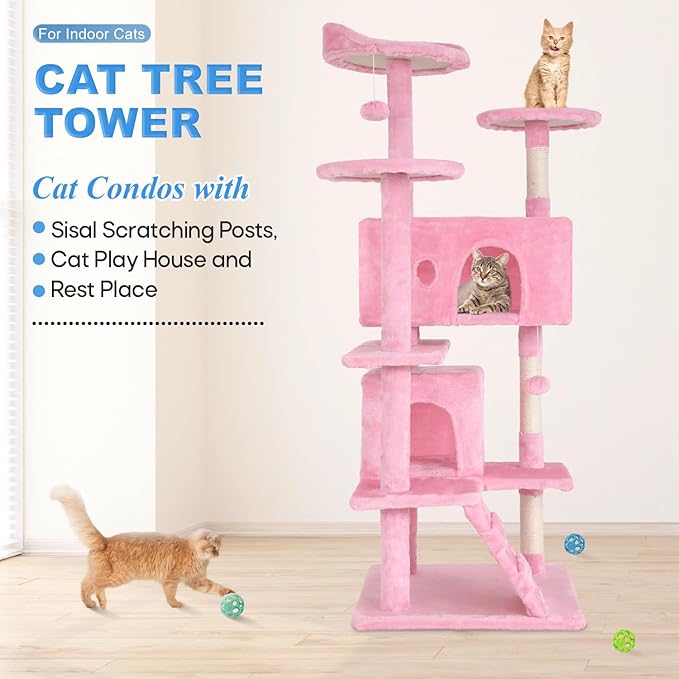 FDW Cat Tree 54in Cat Tower Multi-Level Durable Cat Scratching Post & Cozy Fun Cat Jumping Platform Space Saving Cat Condo Pet Play House for Indoor Cats,Pink-PurrikoPets