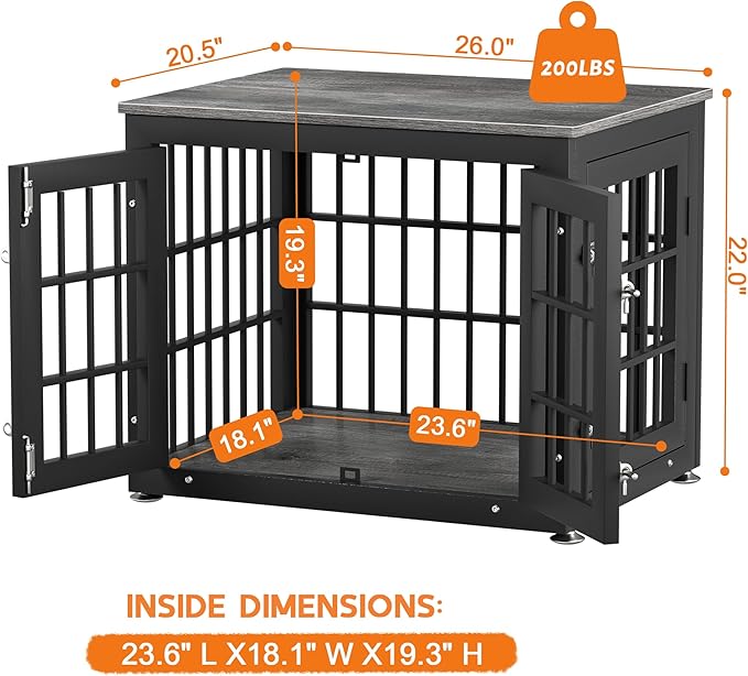26 Inch Heavy Duty Dog Crate Furniture for Small Dogs, Decorative Pet House End Table, Wooden Cage Kennel Furniture Indoor, Gray-PurrikoPets