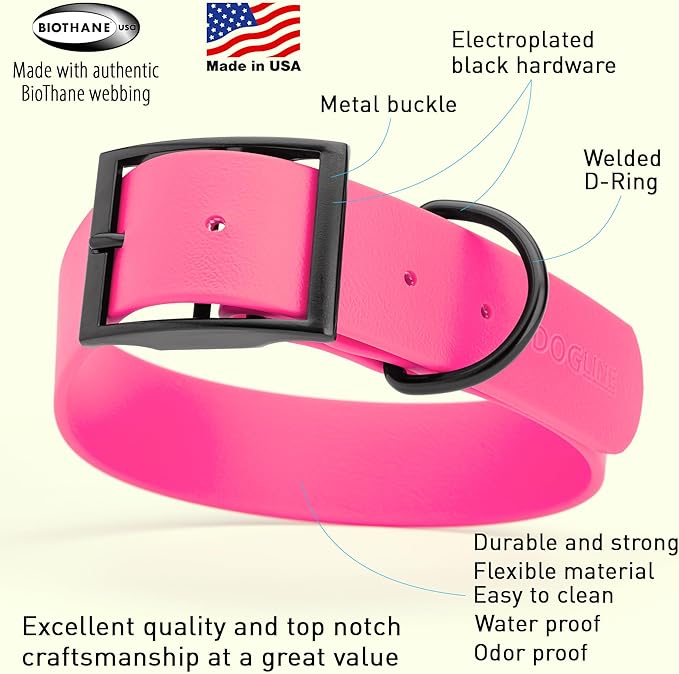 Dogline Biothane Waterproof Dog Collar Strong Coated Nylon Webbing with Black Hardware Odor- Proof for Easy Care Easy to Clean High Performance Fits Small Medium or Large Dogs, Passionfruit Pink-PurrikoPets