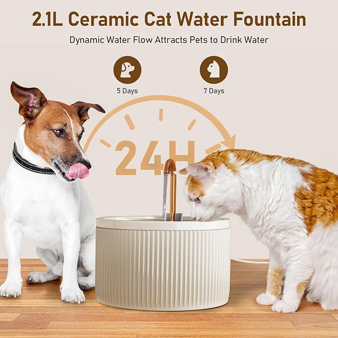 DOOOB Ceramic Cat Water Fountain, 2.1L/71oz Ceramic Cat Fountains, Automatic Pet Water Fountain for Cats, Pet Water Fountain with Ultra-Quiet Pump and 3 Filters & 3 Sponges (Beige)-PurrikoPets