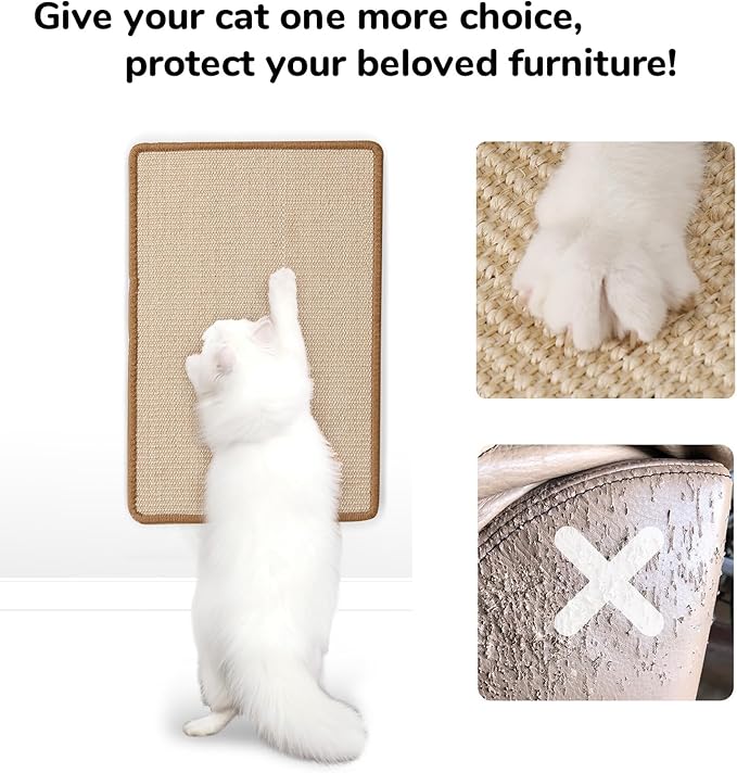 FUKUMARU Cat Scratcher Mat, 23.6 X 15.7 Inch Natural Sisal Cat Scratch Mats, Horizontal Cat Floor Scratching Pad Rug with Sticky Tapes, Protect Sofa and Carpet-PurrikoPets