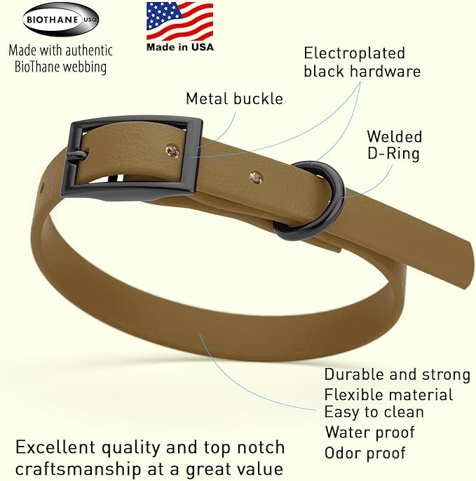 Dogline Biothane Waterproof Dog Collar Strong Coated Nylon Webbing with Black Hardware Odor- Proof for Easy Care Easy to Clean High Performance Fits Small Medium or Large Dogs, Coyote Brown-PurrikoPets