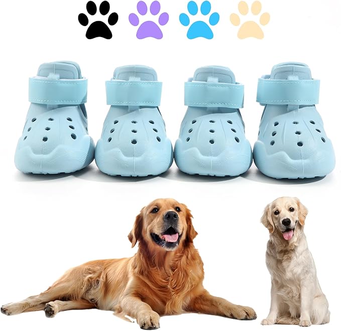 Dog Shoes, Dog Sandals for Hot Pavement, Non-Slip Waterproof Dog Booties for Winter Snowy Day and Summer, Adjustable Straps Easy-Clean Beach Outdoor Pet Boots Rugged Sole-4Pcs Blue-PurrikoPets