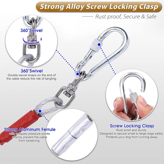 Dog Tie Out Cable for Dogs Outside Up to 125/250lbs,10/20/30/50FT Long Dog Leash&Chains,Small-Large Dogs Runner Cable for Yard,Heavy Duty Lead Line for Outdoor,Camping,Yard(250lbs 50FT, Silver)-PurrikoPets