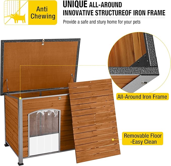 Aivituvin Dog House Outdoor & Indoor Wooden Dog Kennel for Winter with Raised Feet Weatherproof for Small & Medium & Large Dogs,Unique All-Around Iron Frame…-PurrikoPets