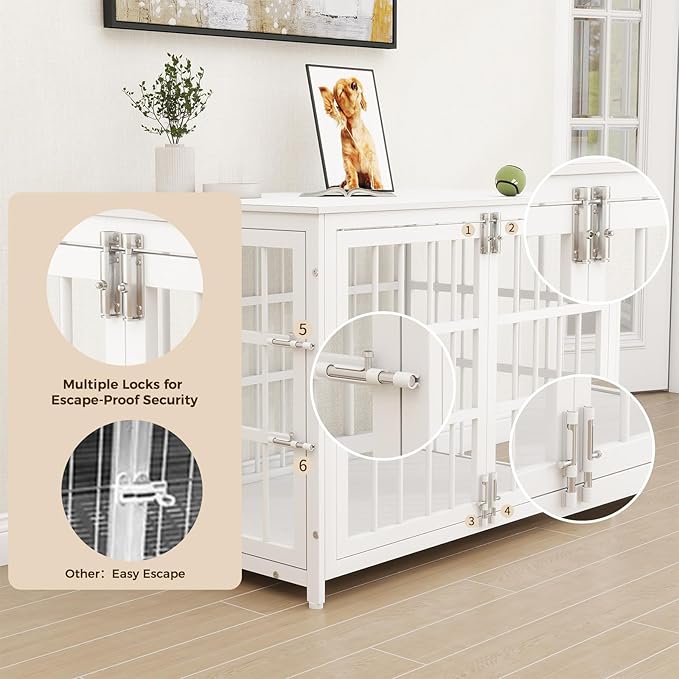 32 Inch Heavy Duty Wooden Dog Kennel End Table with Double Door Design and Secure Locks, Indoor Pet Crate Furniture for Medium Dogs, Decorative Home Cage Design,White-PurrikoPets
