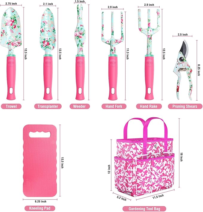 Gardening Tools, 8 Pcs Heavy Duty Floral Garden Tool Set Birthday Gifts for Women WANCHI Rose Red Gardening Kit (Garden Tool Bag Kneeling Pad Weeder Fork Hand Rake Pruning Shears Trowel Transplanter)-PurrikoPets