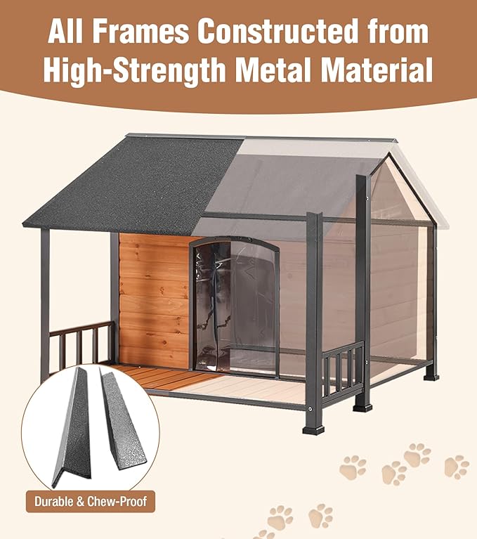 Extra Large Dog House Outdoor for Large Dogs, Insulated Dog House with Metal Frame, Waterproof Dog Shelter with Asphalt Roof, PVC Curtain & Multifunctional Patio, Indoor Outdoor Use-PurrikoPets
