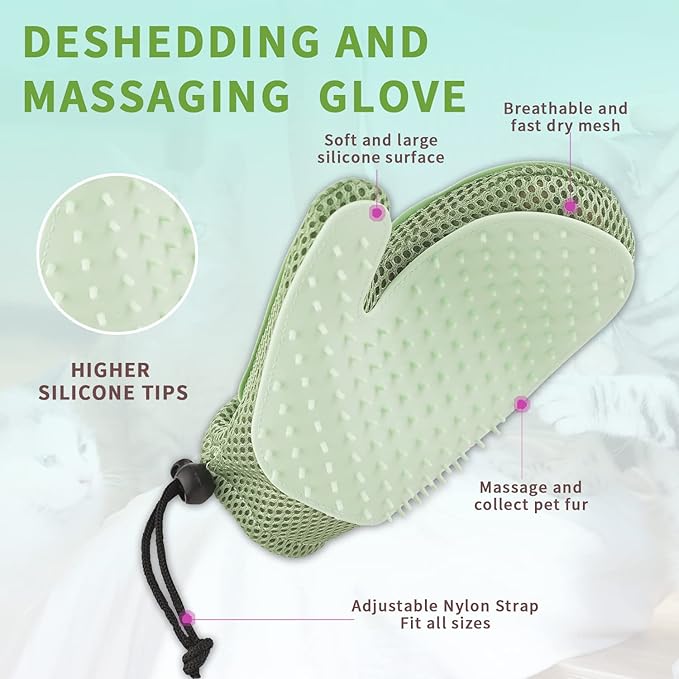 2 in 1 Pet Fur Glove & Cat Hair Remover Glove, Dog Grooming Glove Brush for Shedding, Massage, Efficient Pet Hair Remover Mitt for Couch, Carpet [Green/Single]-PurrikoPets