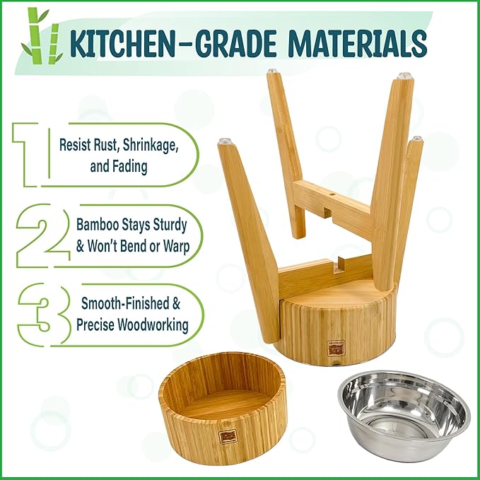 Elevated Dog Bowls for Large Breed - (15-Inch Tall, 74-oz Cap), Deter Ants and Bugs - Raised Single Feeder, Suitable for Dry and Wet Pet Foods - Bamboo with Stainless Steel Dish-PurrikoPets