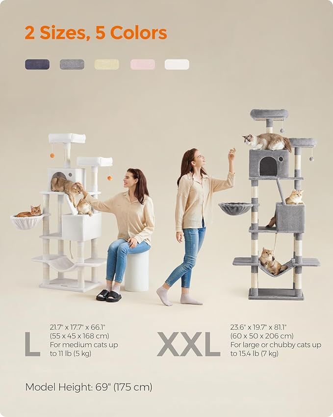 Feandrea Cat Tree, 66.1-Inch Large Cat Tower with 13 Scratching Posts, 2 Perches, 2 Caves, Basket, Hammock, Pompoms, Multi-Level Plush Cat Condo for Indoor Cats, Beige UPCT165M01-PurrikoPets