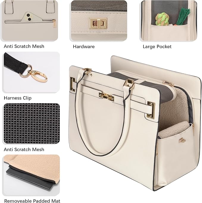 2-in-1 Stylish Dog Purse Carrier Soft-Sided Carriers Travel Tote Bag for Small Dogs Cats, Fashion Foldable Pet Bag for Puppies Small Animals with Pockets (White, 15" L x 7.5" W x 12.2" H)-PurrikoPets