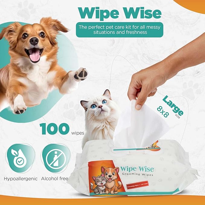100 Pet Wipes (8x8'' Unscented) - 100 Ear Wipes (Coconut) - 50 Dental Wipes (Mint Infused) for Dogs & Cats, 250 Wipes, Alcohol-Free, Safe & Gentle- Great Value Bundle, Pet Care-PurrikoPets
