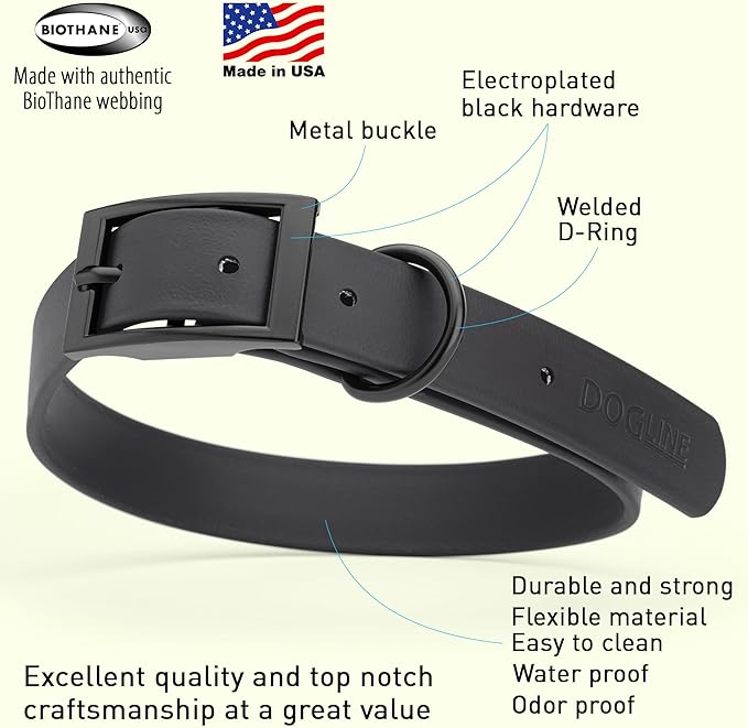 Dogline Biothane Waterproof Dog Collar Strong Coated Nylon Webbing with Black Hardware Odor- Proof for Easy Care Easy to Clean High Performance Fits Small Medium or Large Dogs, Black-PurrikoPets