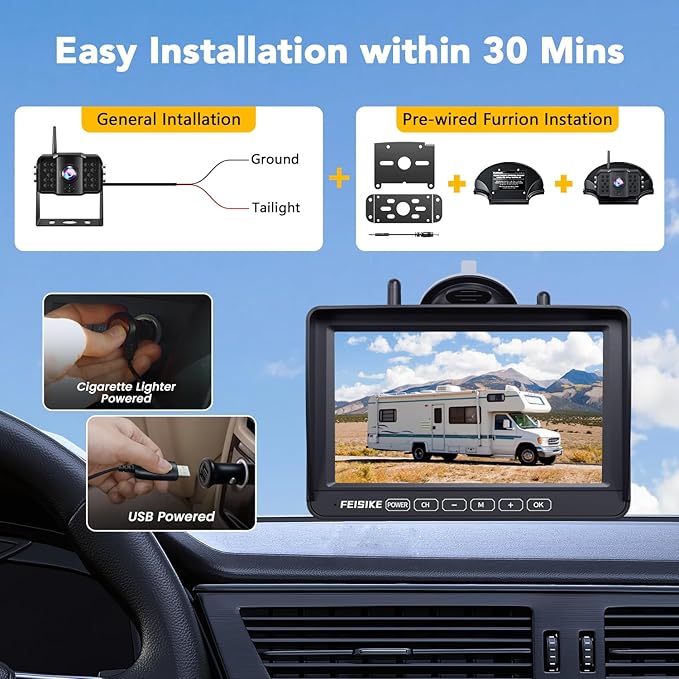 Dual RV Backup Camera Wireless with 7" 1080P Monitor, for Furrion Pre-Wired RVs, 4-Channel Split Screen System, Loop Recording, IR Night Vision, Wide Rear View Camera for Truck, Trailer, Camper-PurrikoPets
