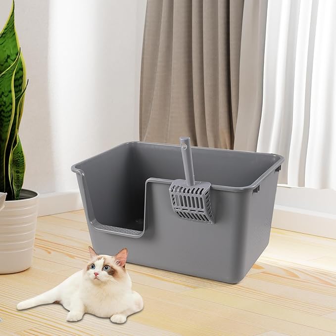 4 Packs Large Cat Litter Box with High Sides, Grey Open Top Cat Litter Basin-PurrikoPets