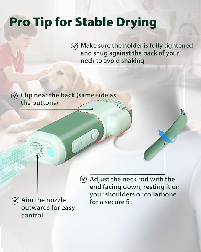 2-in-1 Hands-Free Dog Hair Dryer with Table Clamp – Low Noise Pet Grooming Dryer for Dogs & Cats, Adjustable Heat & Speed, Wearable or Desktop Use(Green)-PurrikoPets